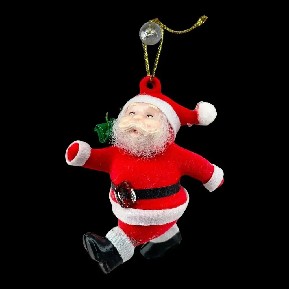 Miniature‎ Flocked Running Santa Claus Christmas Ornaments Green Sack
